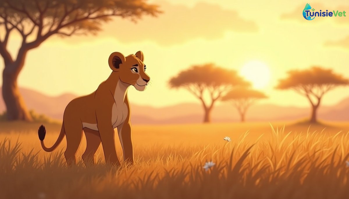 Un jeune lion se tient dans la savane africaine baignée de lumière dorée.