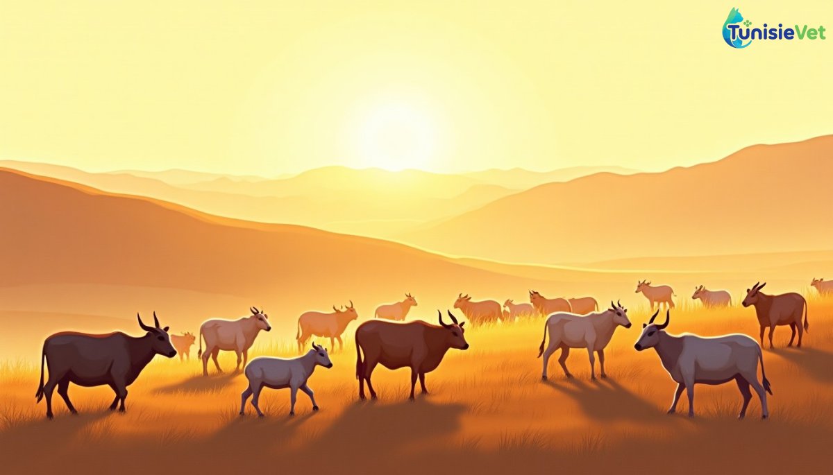 Un troupeau paisible de vaches, moutons et chèvres broutant dans une oasis dorée au coucher du soleil.