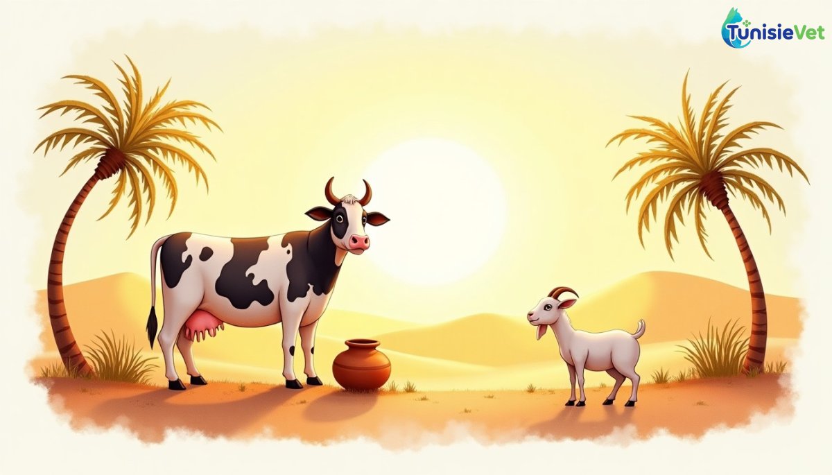 Une vache et une chèvre paisibles dans une lumière chaude, illustrant le bienfait du lait évoqué dans le Coran.