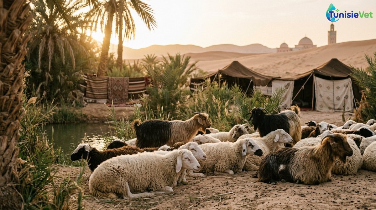 قطيع من الأغنام والماعز يستريح في واحة، يجسد الصوف والشعر المذكورة في القرآن الكريم.