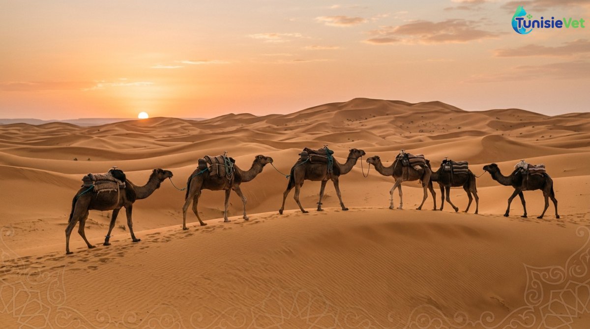 Une caravane de chameaux traverse les dunes dorées du désert au coucher du soleil.