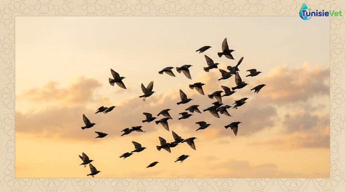 Des oiseaux déploient et replient leurs ailes dans un ciel doré, illustrant le verset de la sourate Al-Mulk.