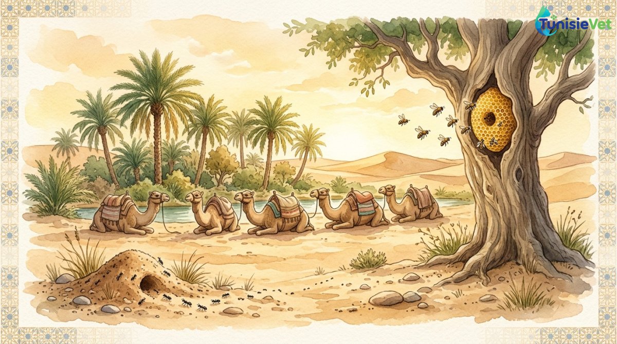 A gentle illustration of camels resting near an oasis, with bees and ants evoking the signs mentioned in the Quran.