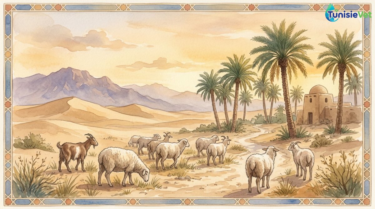 A flock of sheep and goats grazing peacefully near an oasis at sunset.