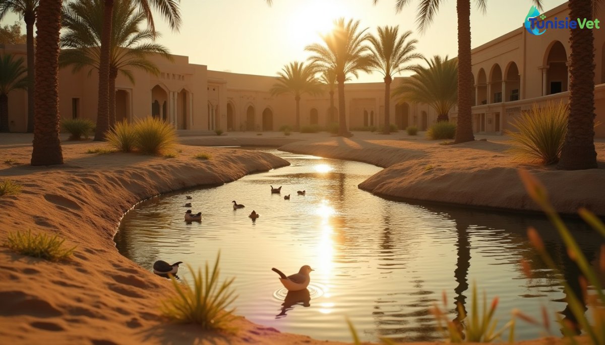 A fresh water spring flowing in a peaceful oasis, surrounded by palm trees and small birds coming to drink from it.