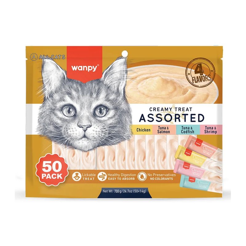 Wanpy Crème liquide pour chat - Saveurs mixtes (50 x 14 g)
