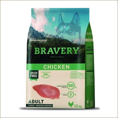 Bravery Adulte Moyennes et Grandes Races sans céréales au poulet 12 kg