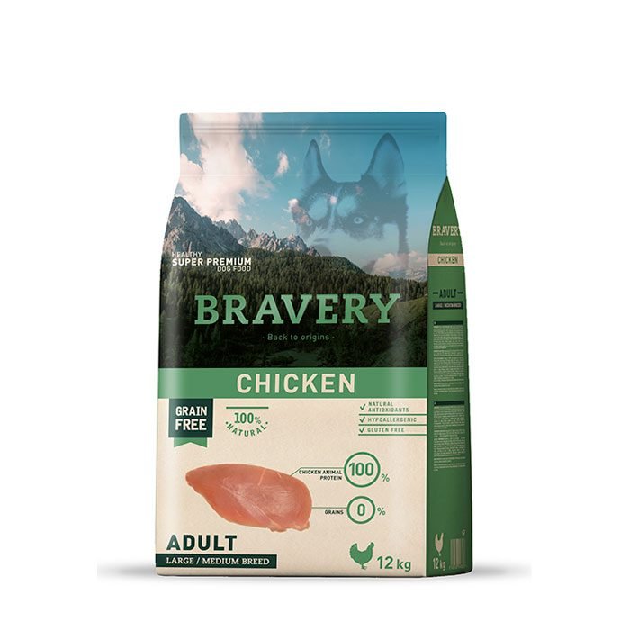 Bravery Adult Medium & Large sans céréales au poulet 12 kg