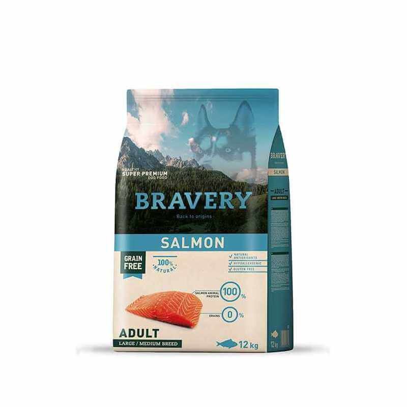 Bravery Adult Medium & Large sans céréales au saumon 12 kg