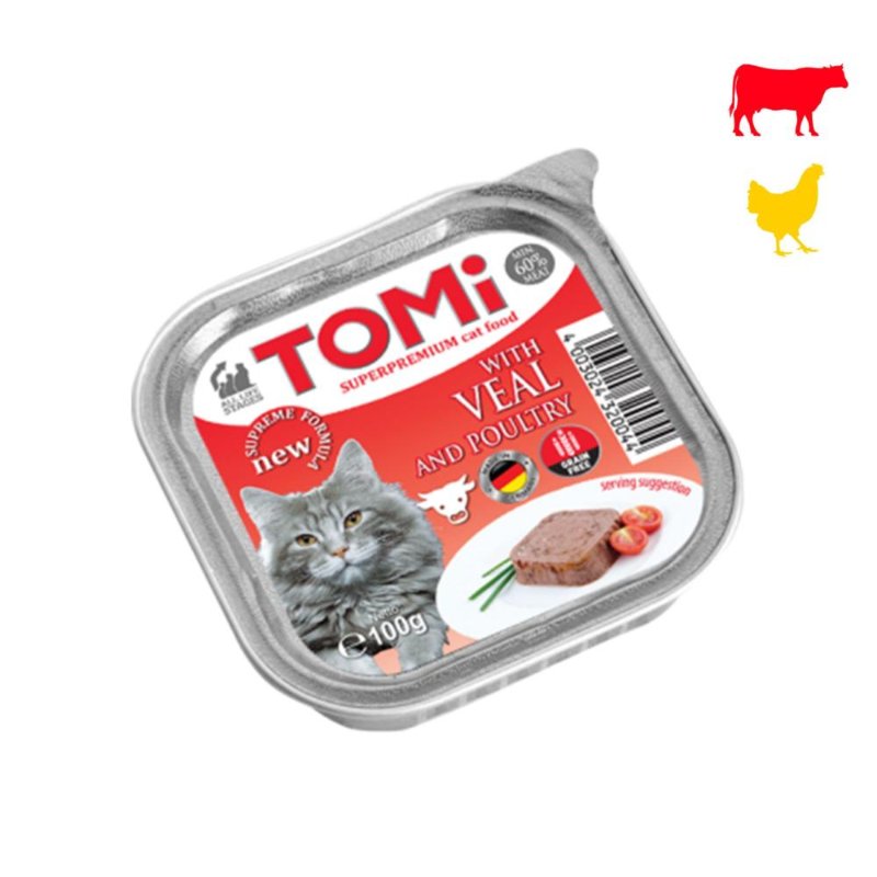 Tomi barquette pour chat au veau et poulet 100 g