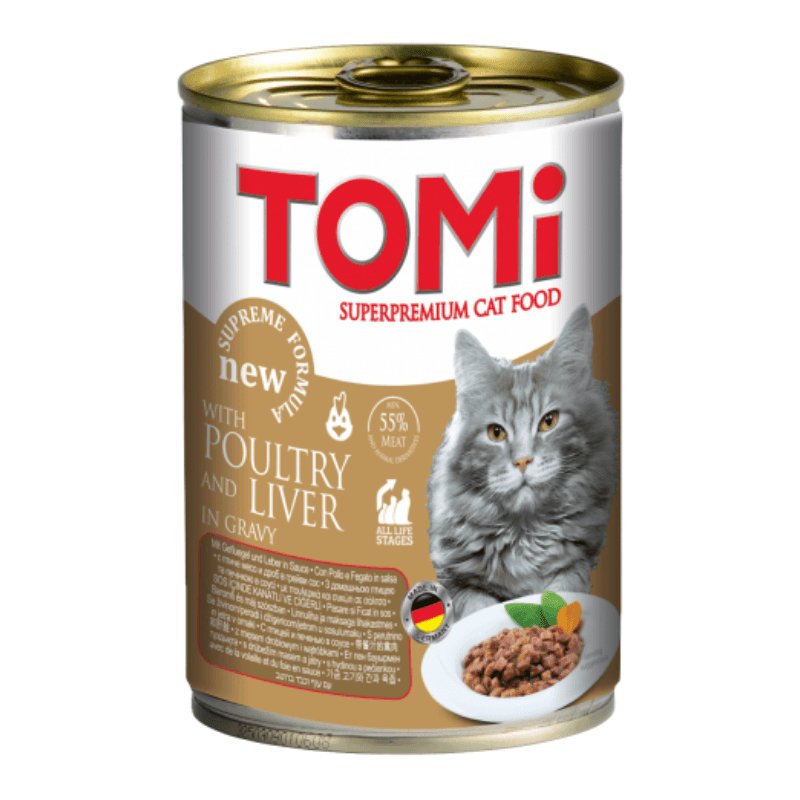 TOMI Bouchées en sauce à la volaille et au foie pour chat – boîte 400 g