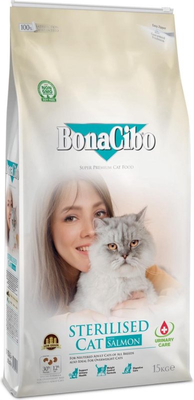 Bonacibo Light & Sterilized au saumon, croquettes pour chat 15 kg