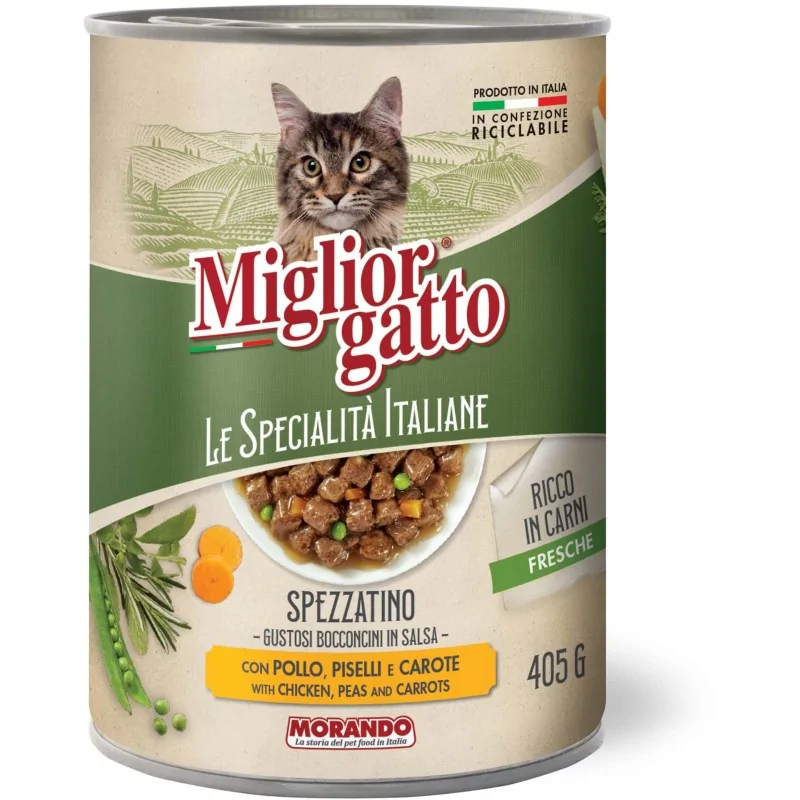 Boîte Italienne en Sauce pour Chat – Poulet, Carottes & Petits Pois – 405 g